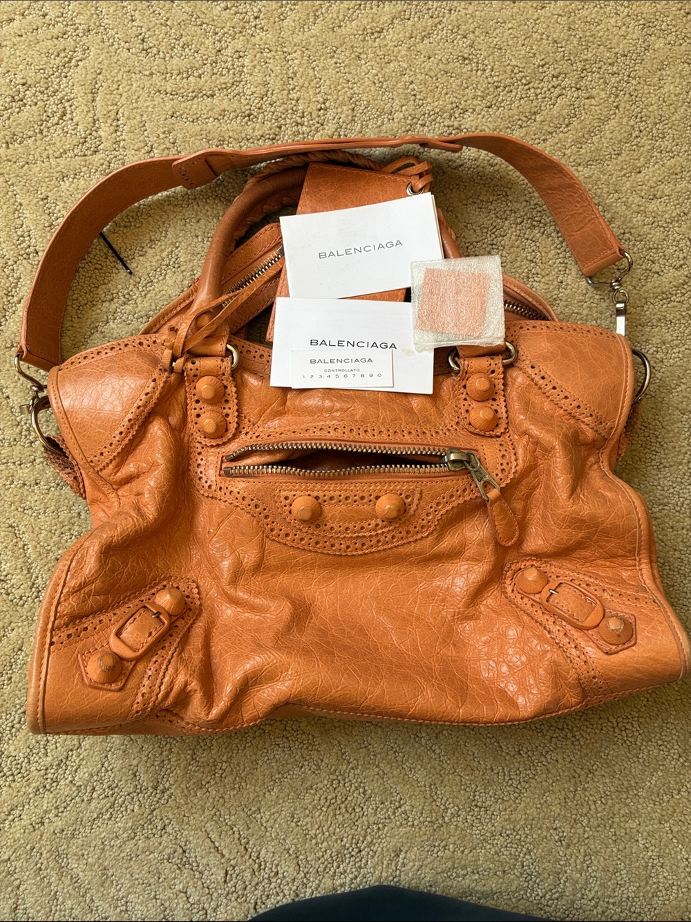 Authentic Balenciaga  City Lace-trimmed Motorcycle Bag– Orange Distressed Leat